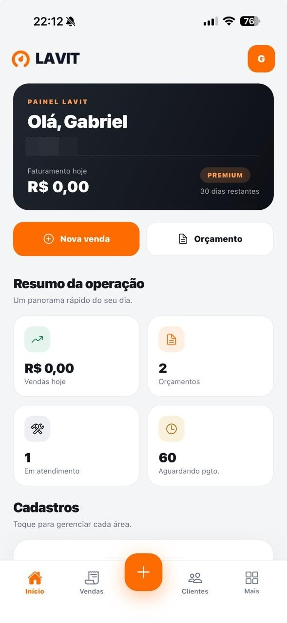 Tela inicial do aplicativo LAVIT com resumo da operação
