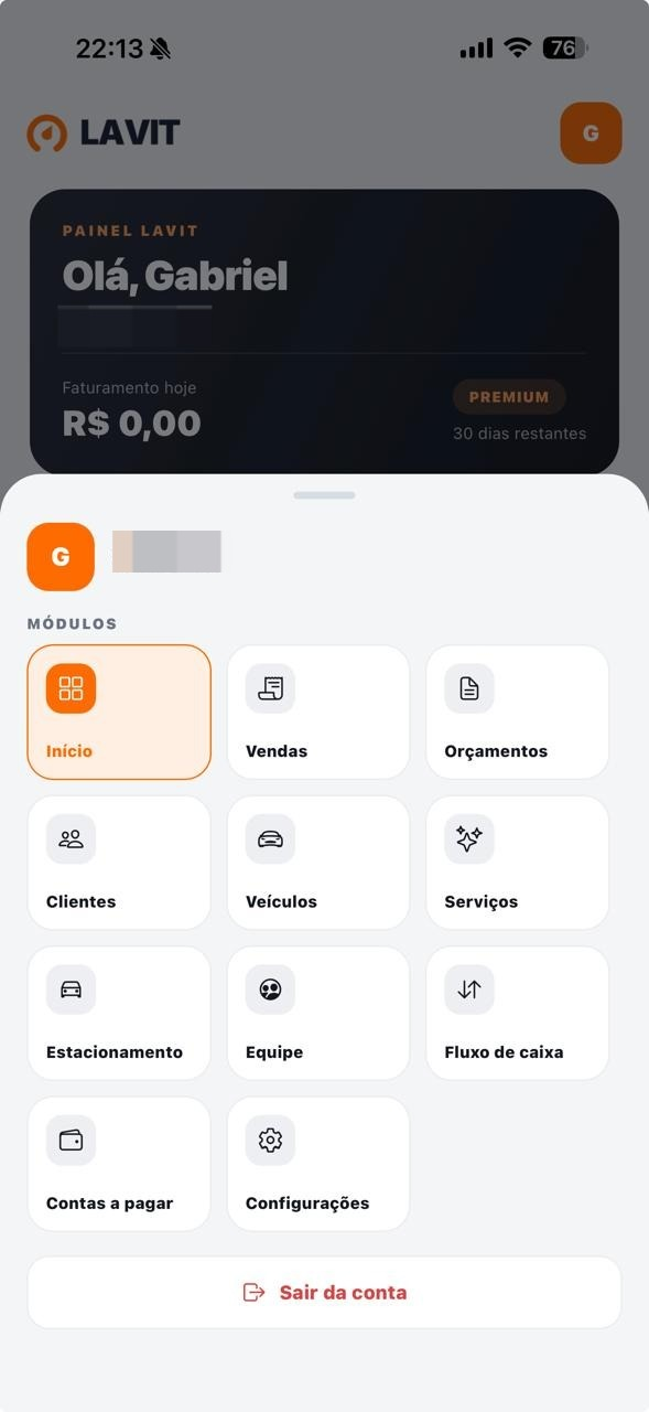 Tela do aplicativo LAVIT com módulos da operação